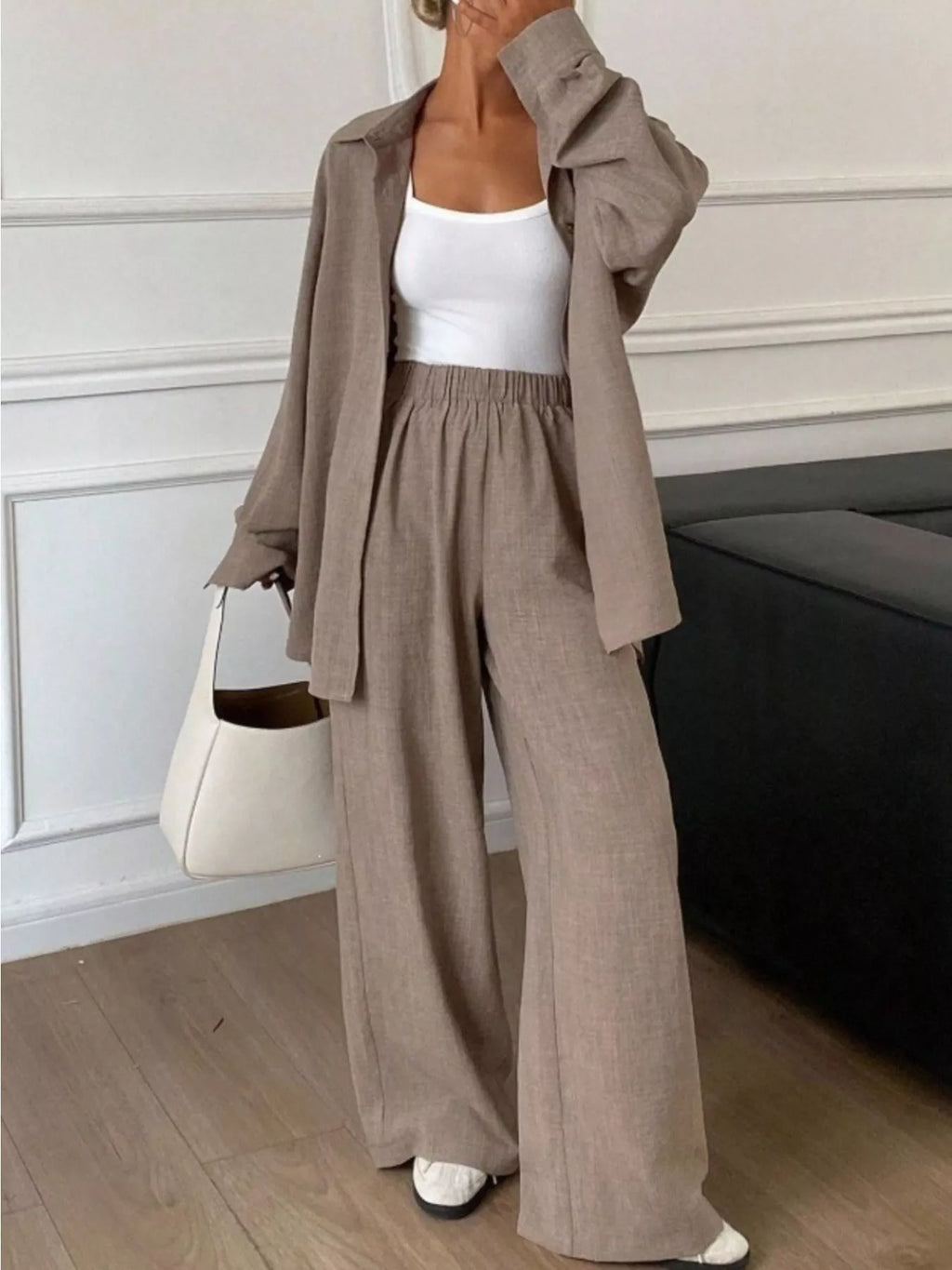 Button-Down Shirt and Wide-Leg Pants Set