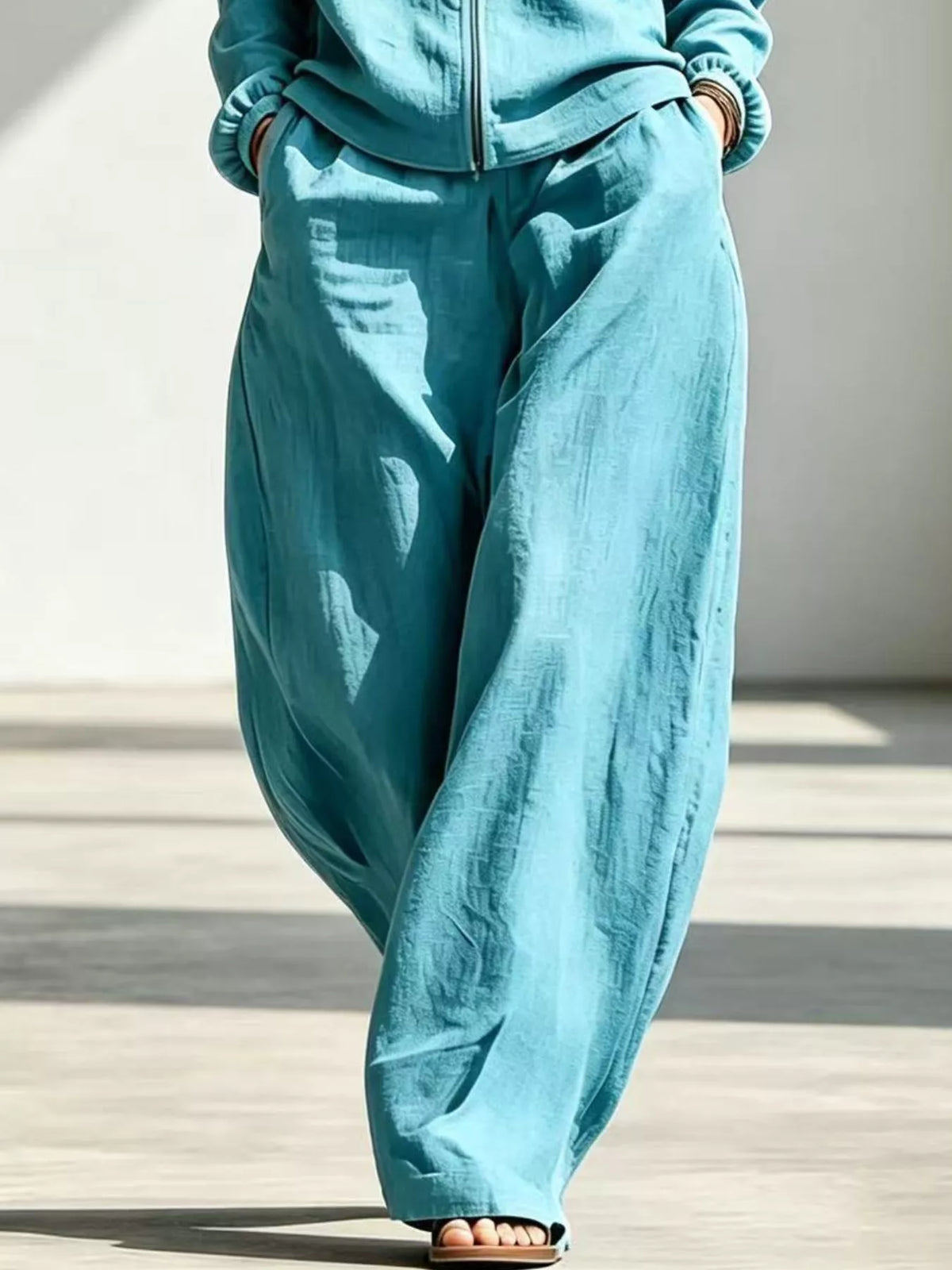 Full Size Zip-Up Jacket and Wide-Leg Pants Set Plus Size