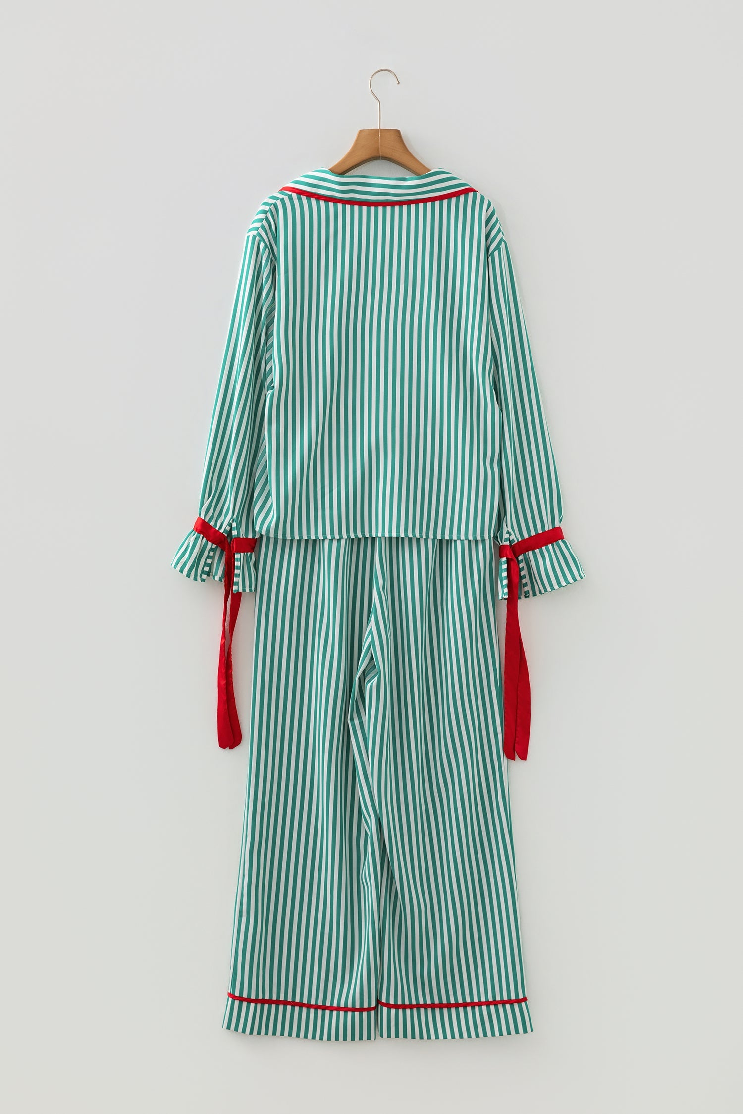 Green Stripe Contrast Velvet Trim Bow Knot Waist 2pcs Pajama Set