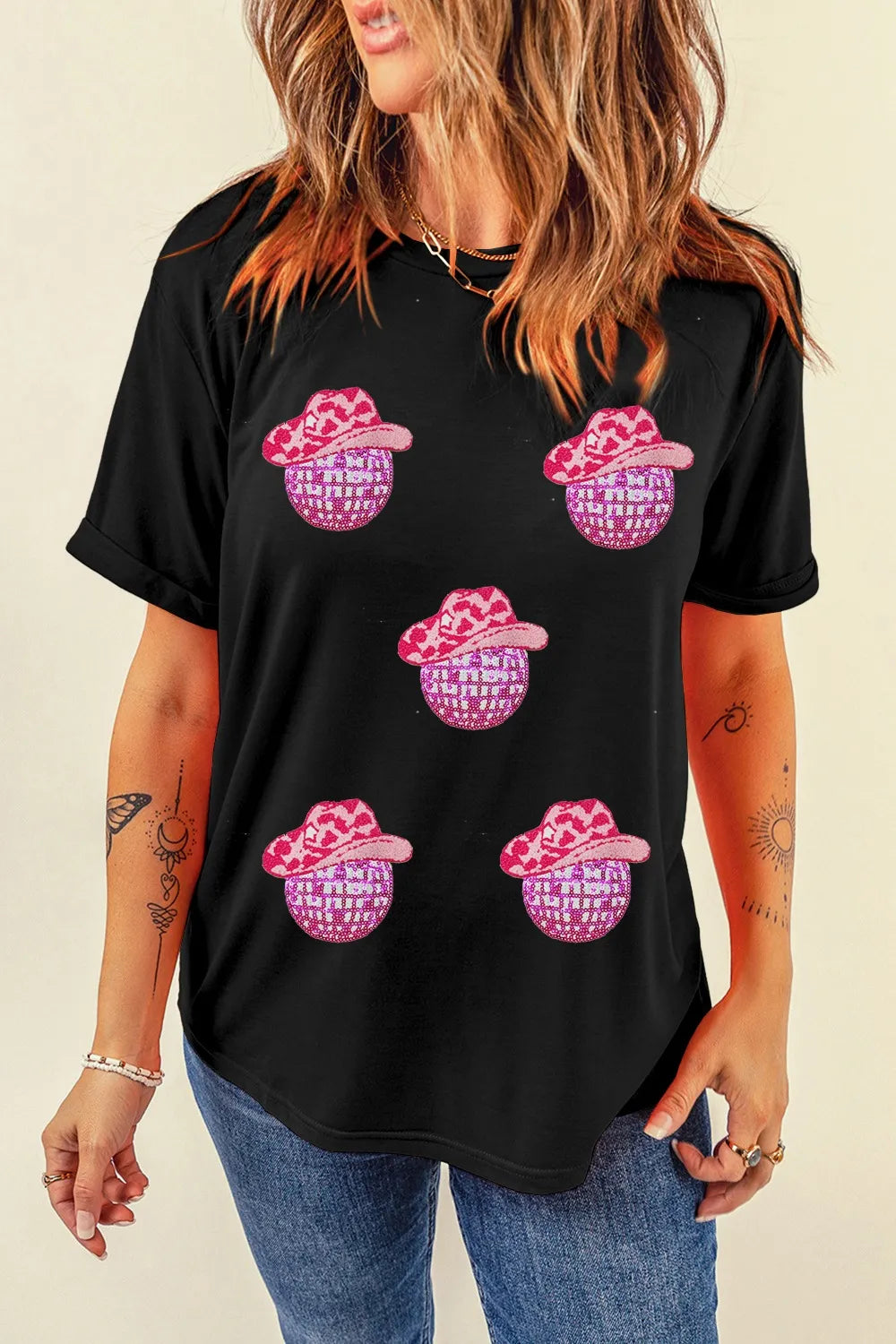 Cowboy Hat Disco Ball Patch Round Neck T-Shirt