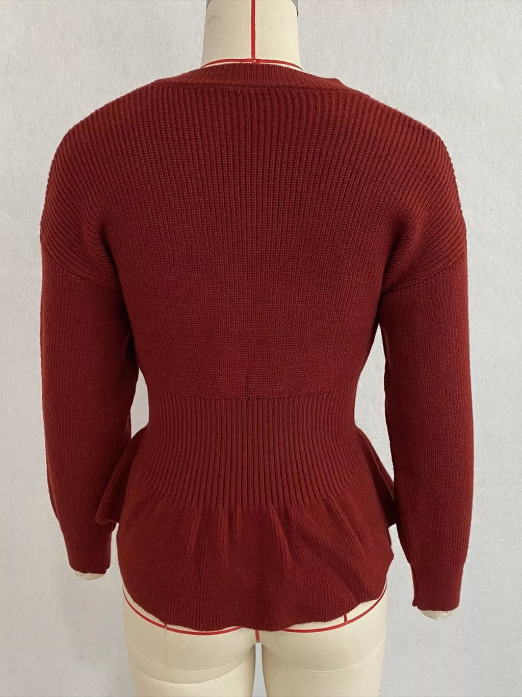 V-Neck Peplum Hem Ribbed Knit Top
