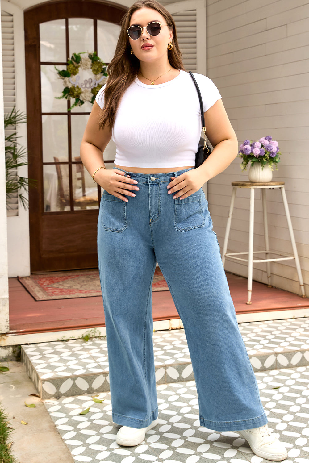 Plus Size Denim Textured Patch Pocket Jeans
