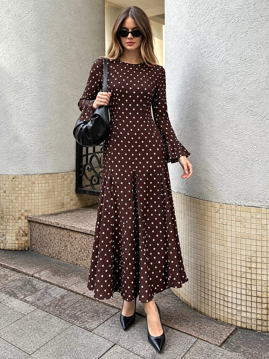 Polka Dot Long Sleeve Maxi Dress