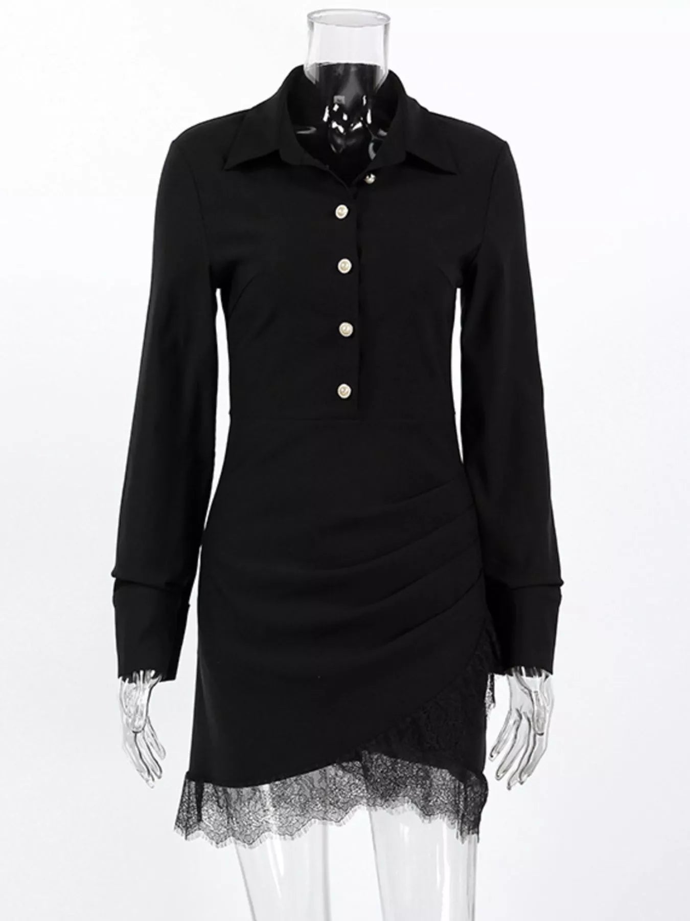 Long-Sleeve Shirt Dress with Lace Hem