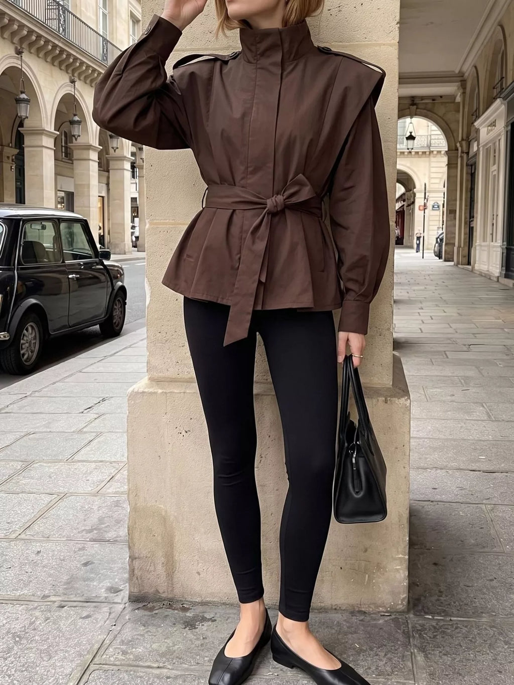 Stand-Collar Belted Outerwear