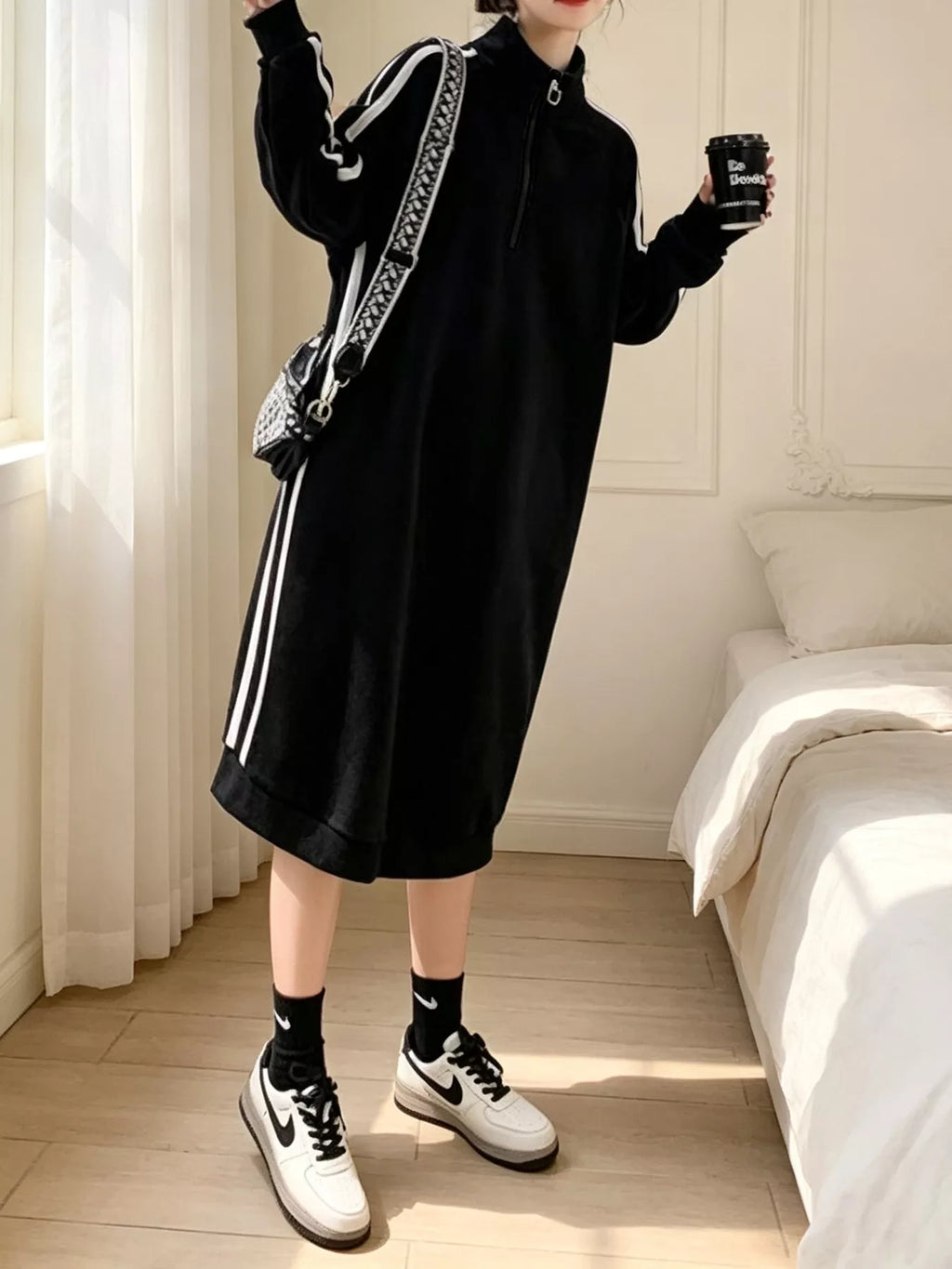 Casual Quarter‑Zip Mock Neck Side Stripe Midi Sweatshirt Dress