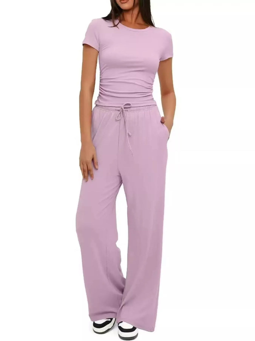 Round Neck Short Sleeve Top and Pants Set