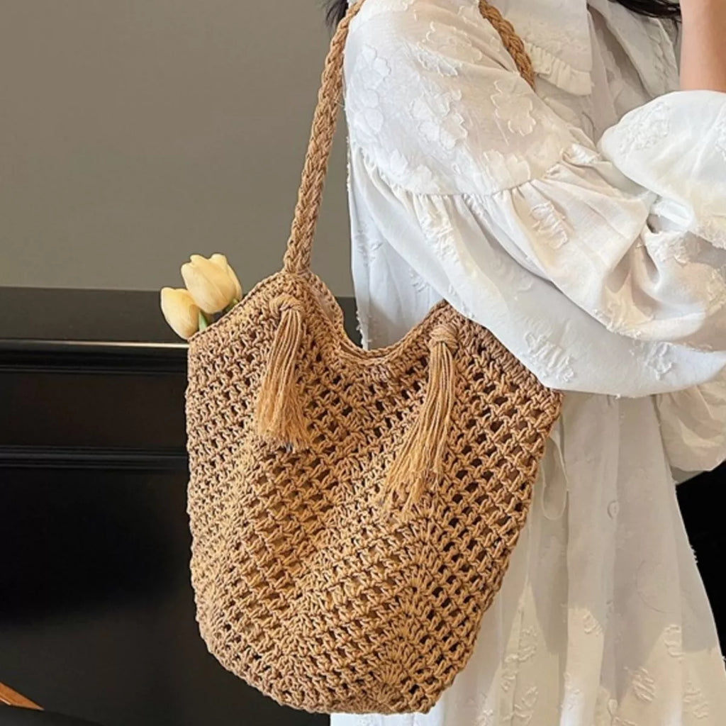 Crochet Shoulder Bag with Tassel Accents