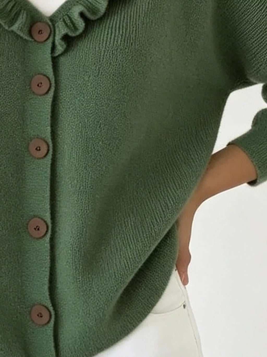 Ruffled Neckline Button-Up Cardigan