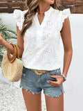 Eyelet Notched Neck Ruffled Cap Sleeve Blouse