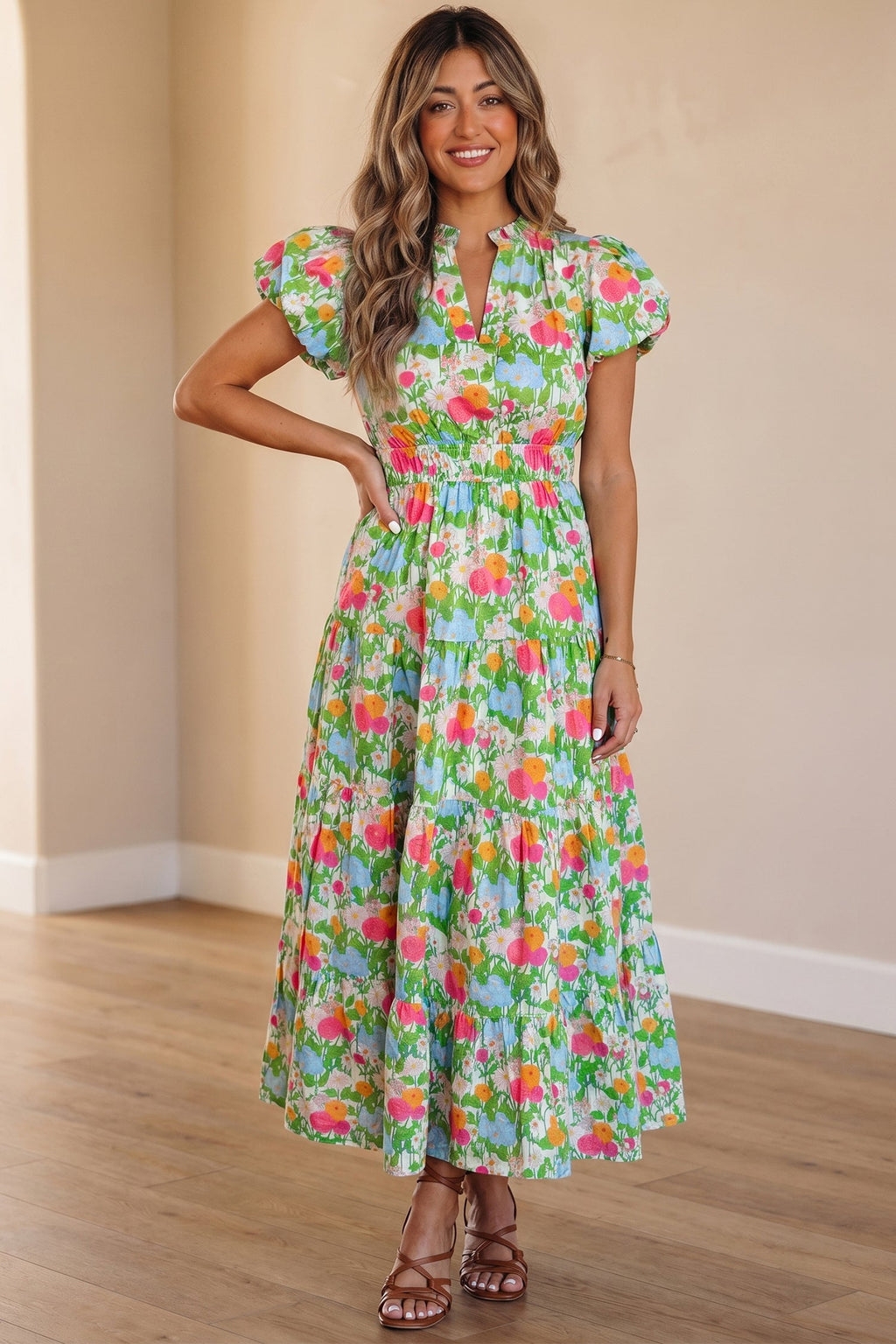 Green Floral Print V Neck Short Puff Sleeve Cotton Maxi Dress