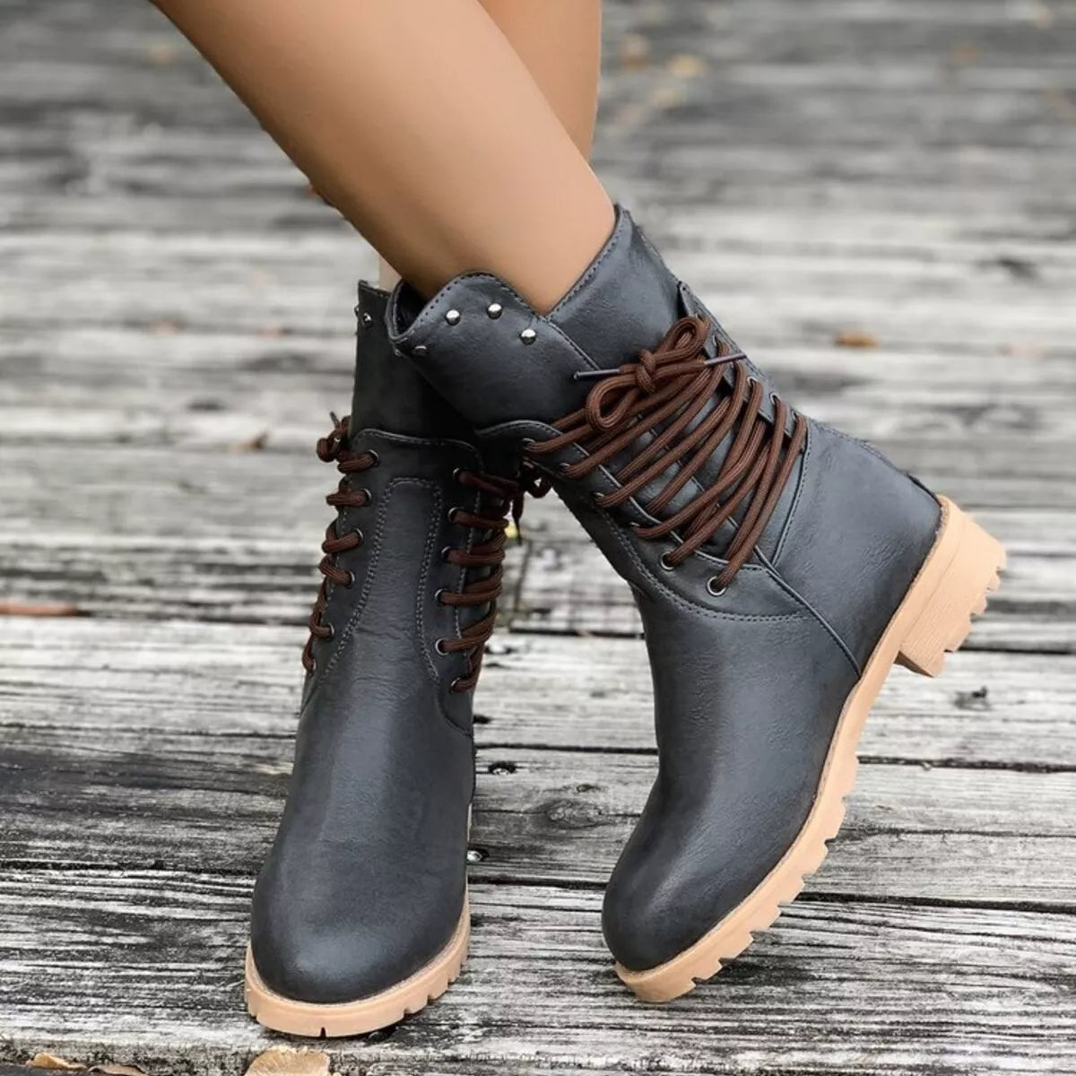 Lace Up Block Heels Boots