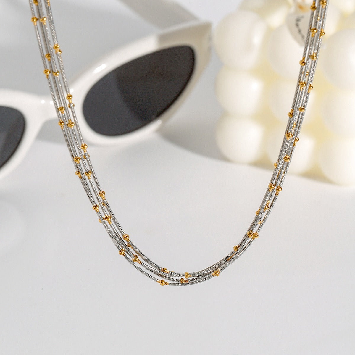 18K gold multi-layer chain with round beads design exquisite and fashionable necklace