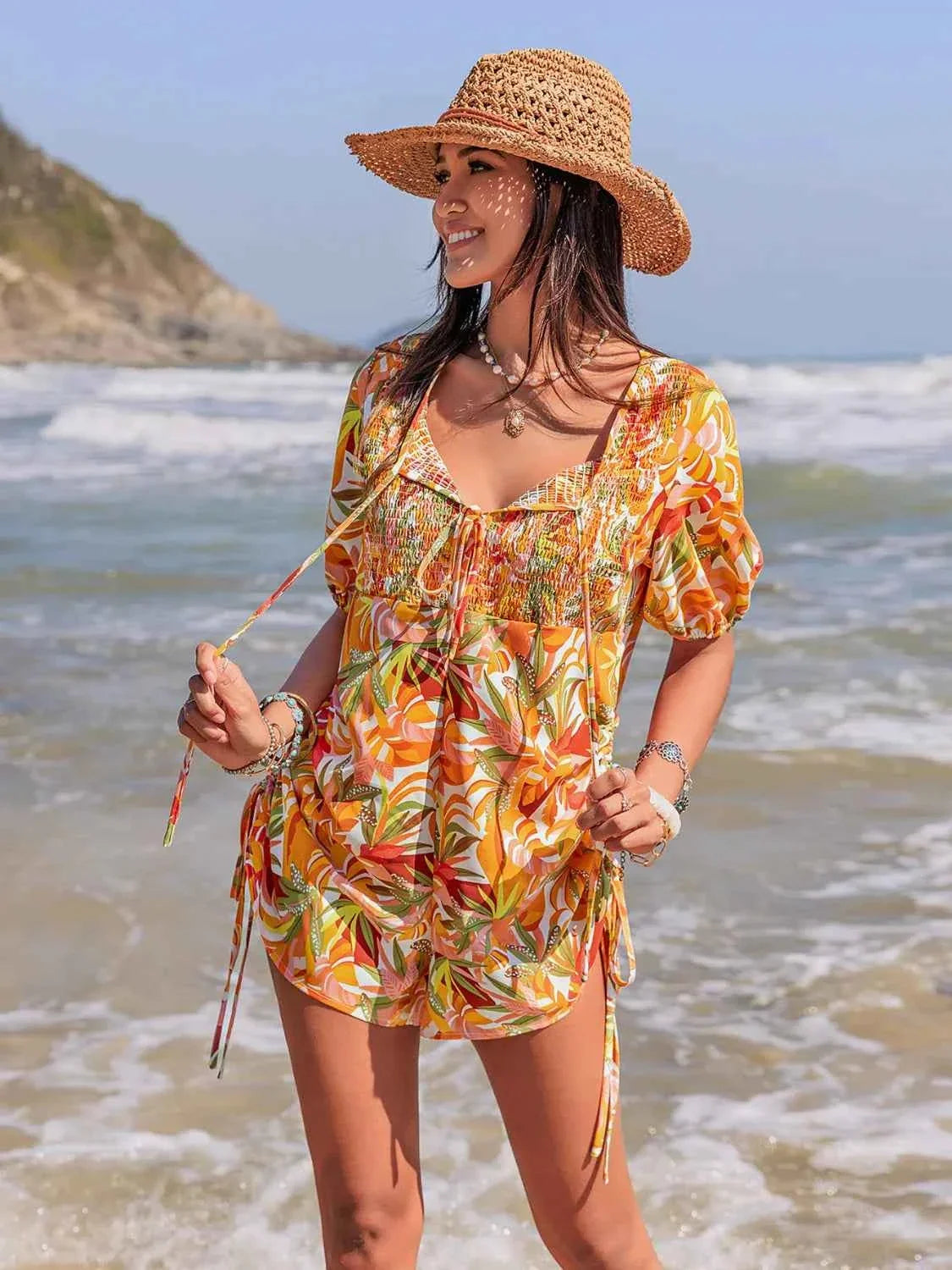 Smocked Tie Neck Printed Romper