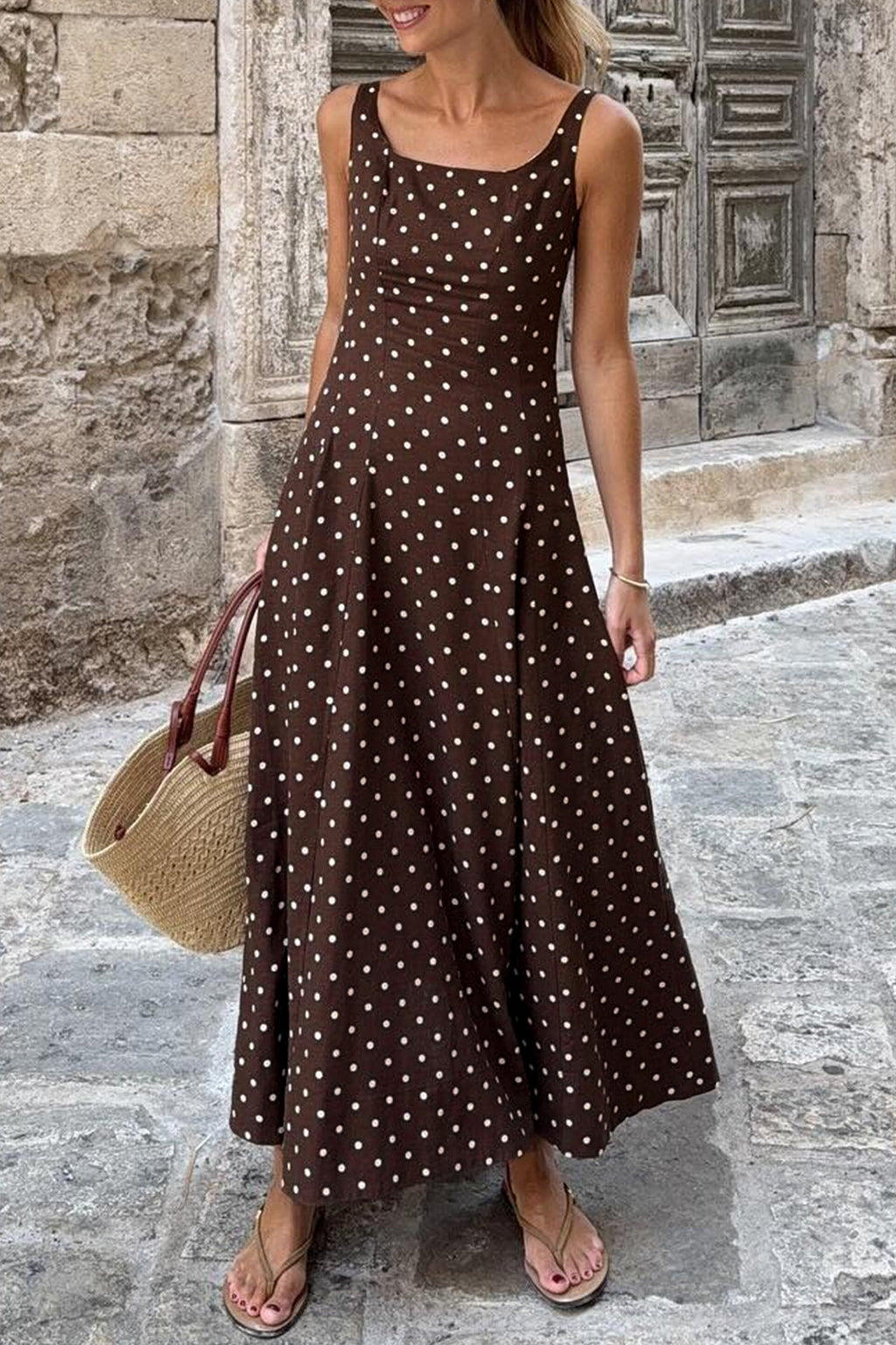 Brown Polka Dot Print Square Neck Sleeveless Vacation Long Dress