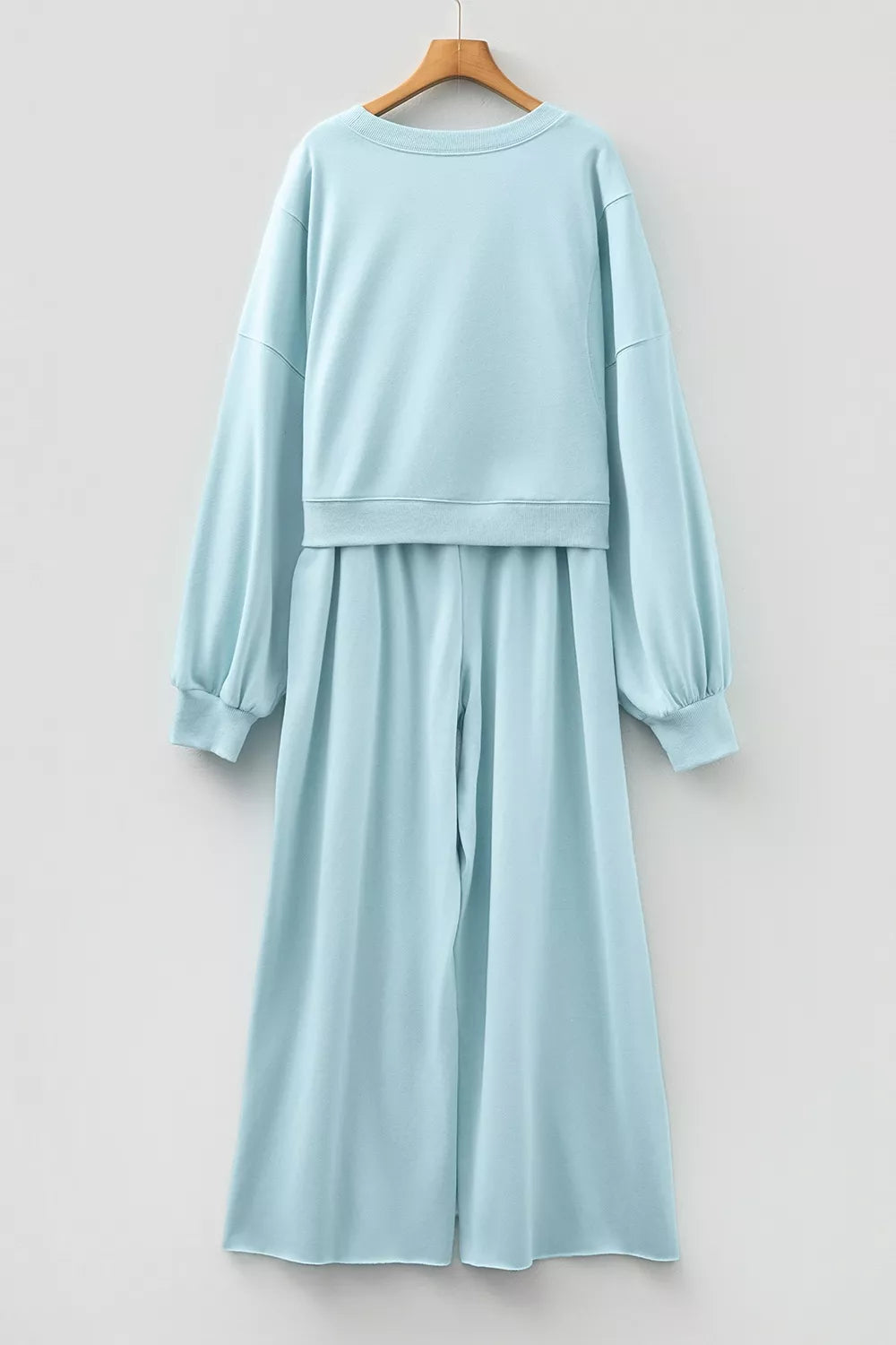 Drop Shoulder Puff Sleeve Crop Pullover Drawstring Wide Leg Pants Set