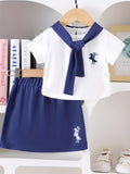 Children's Sailor Collar Embroidered Tee and Skirt Set