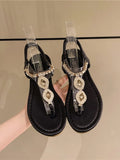 Rhinestone T-Strap Flat Sandals