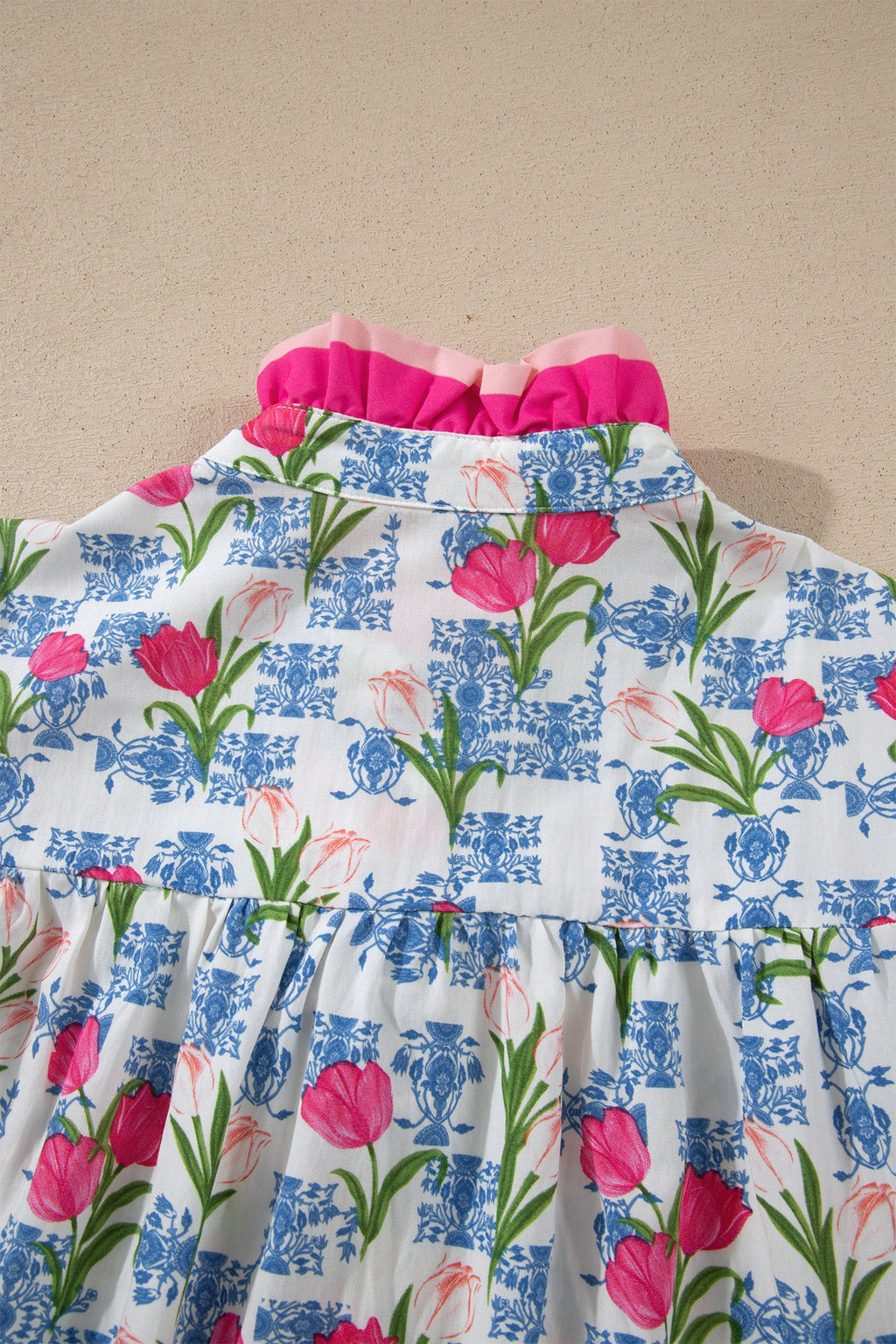 Rose Floral Print Color Block Striped Trim Flutter Sleeve Half Button Blouse