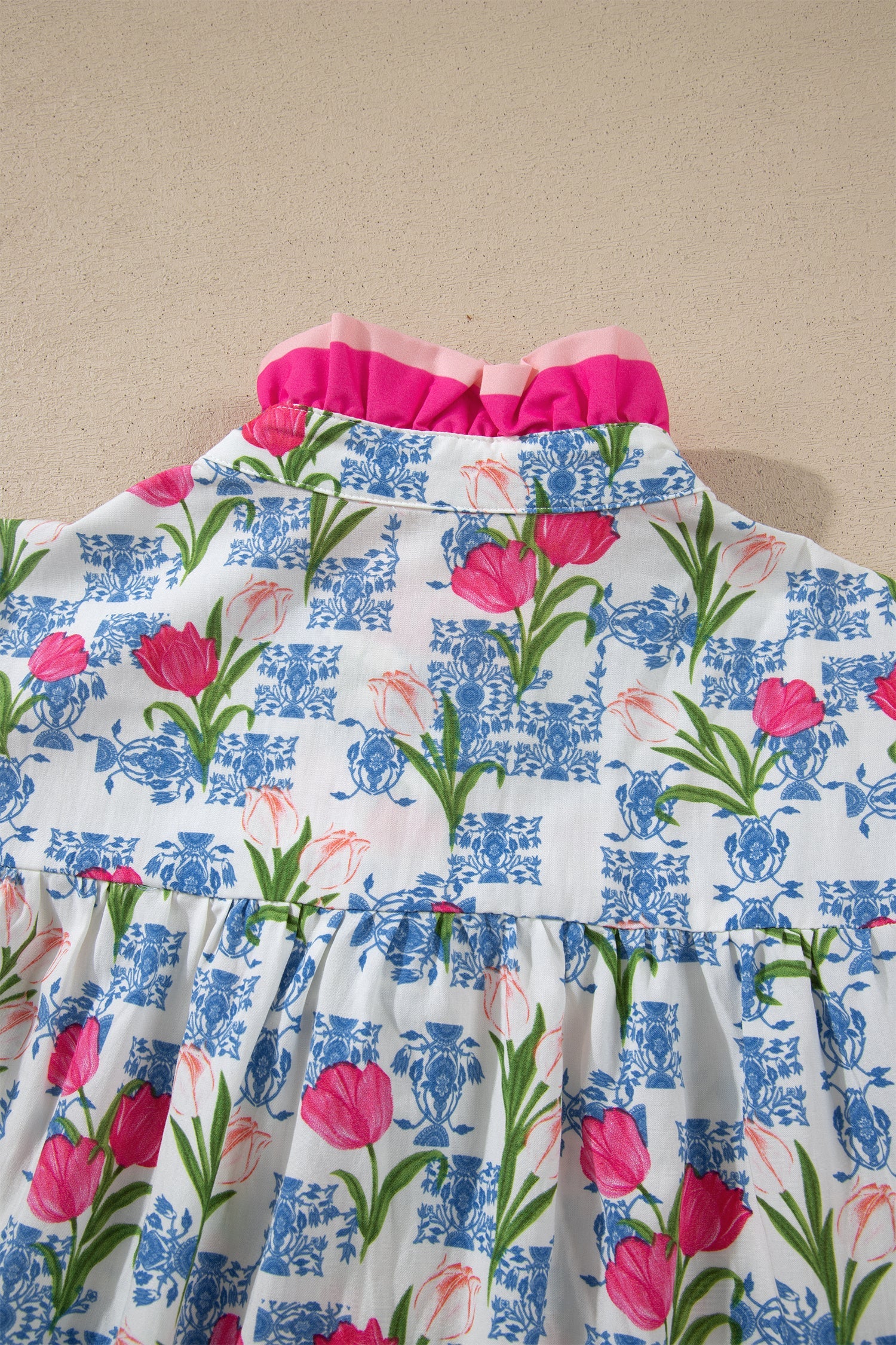 Rose Floral Print Color Block Striped Trim Flutter Sleeve Half Button Blouse