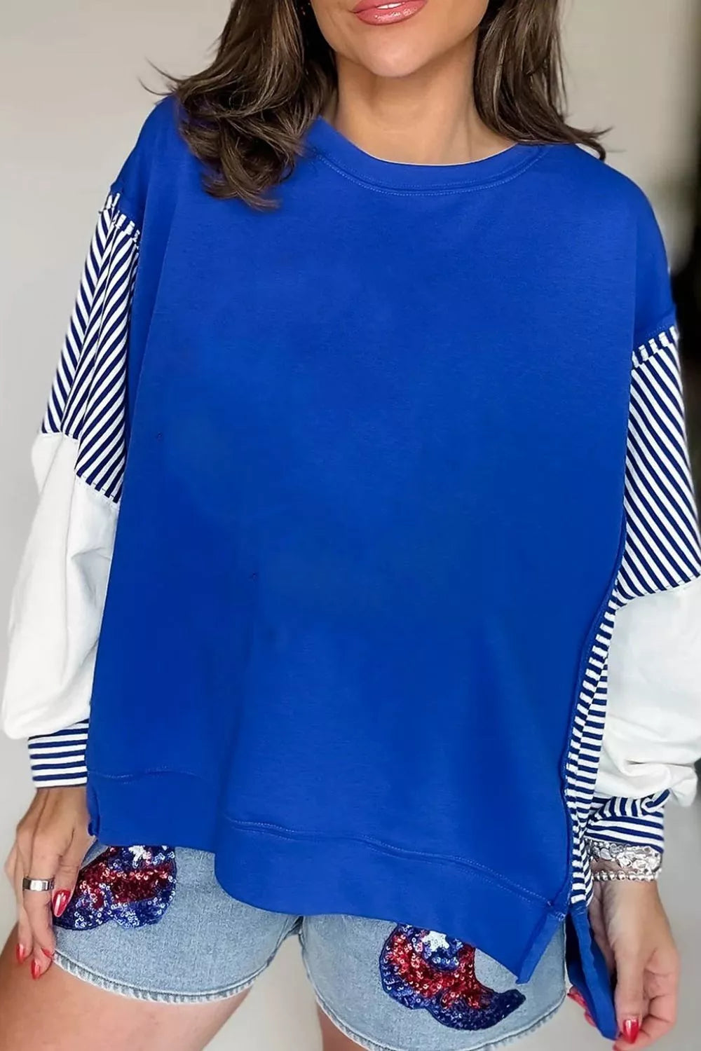 Leopard and Striped Patchwork Sleeves Sweatshirt