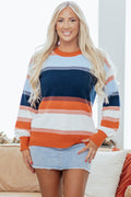 Dark Blue Color Block Round Neck Tunic Sweater