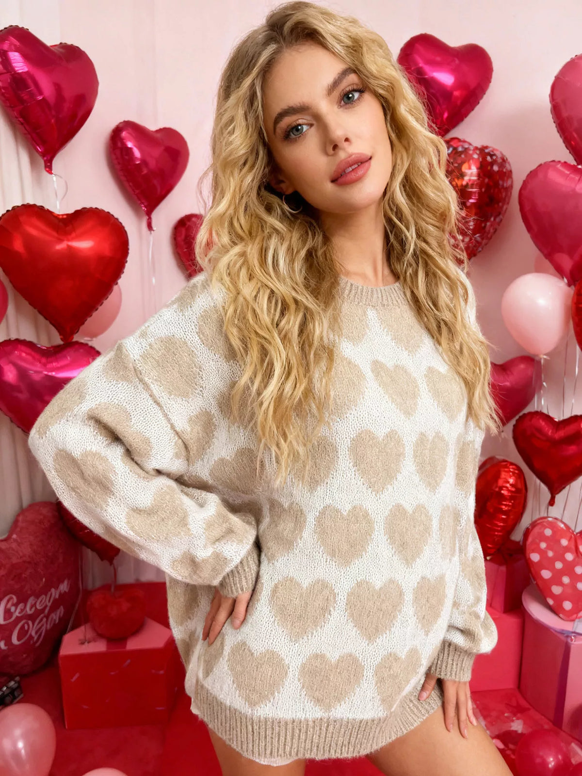 Heart Pattern Dropped Shoulder Sweater