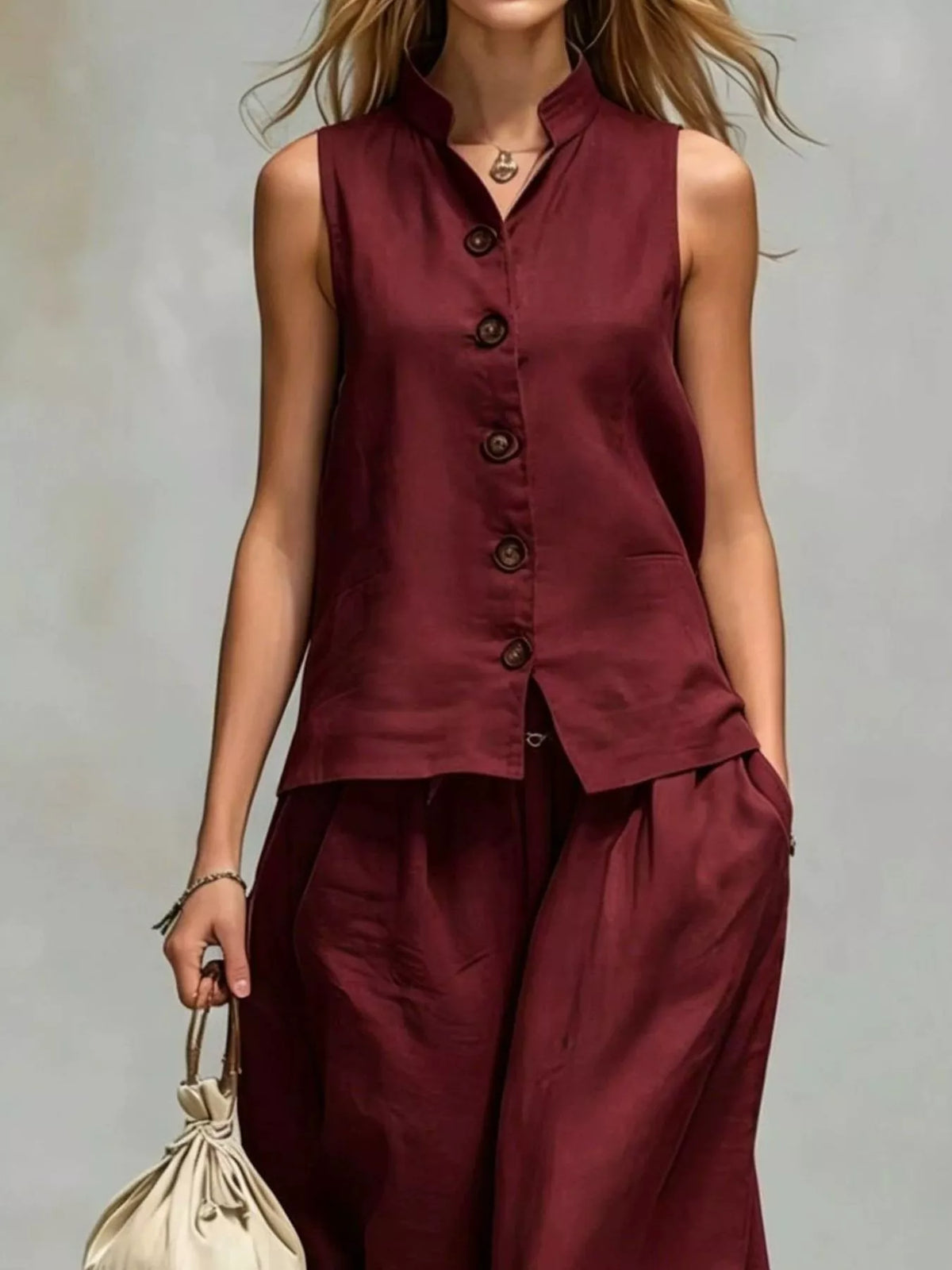 Sleeveless Button-Down Top and Wide-Leg Pant Set