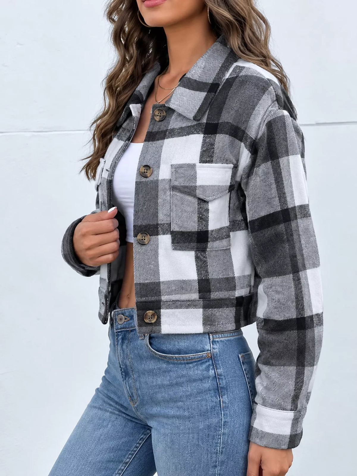 Plaid Button-Front Cropped Jacket