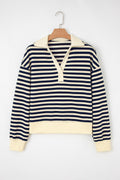 Stripe Collared V-Neck Long Sleeve Top