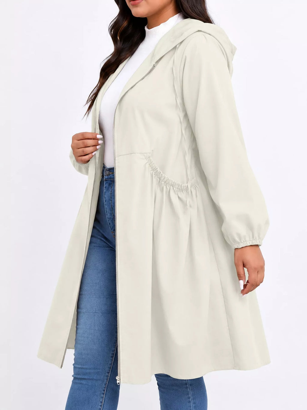 Plus Size Hooded Zip-Up Longline Windbreaker Outerwear