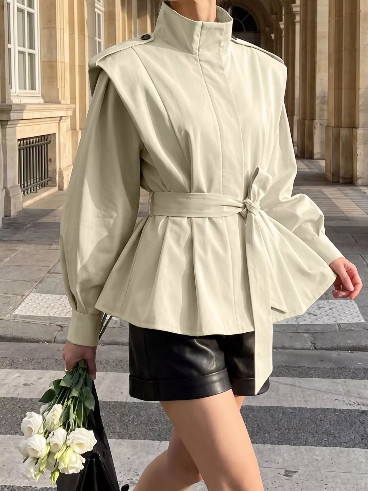 Stand-Collar Belted Outerwear
