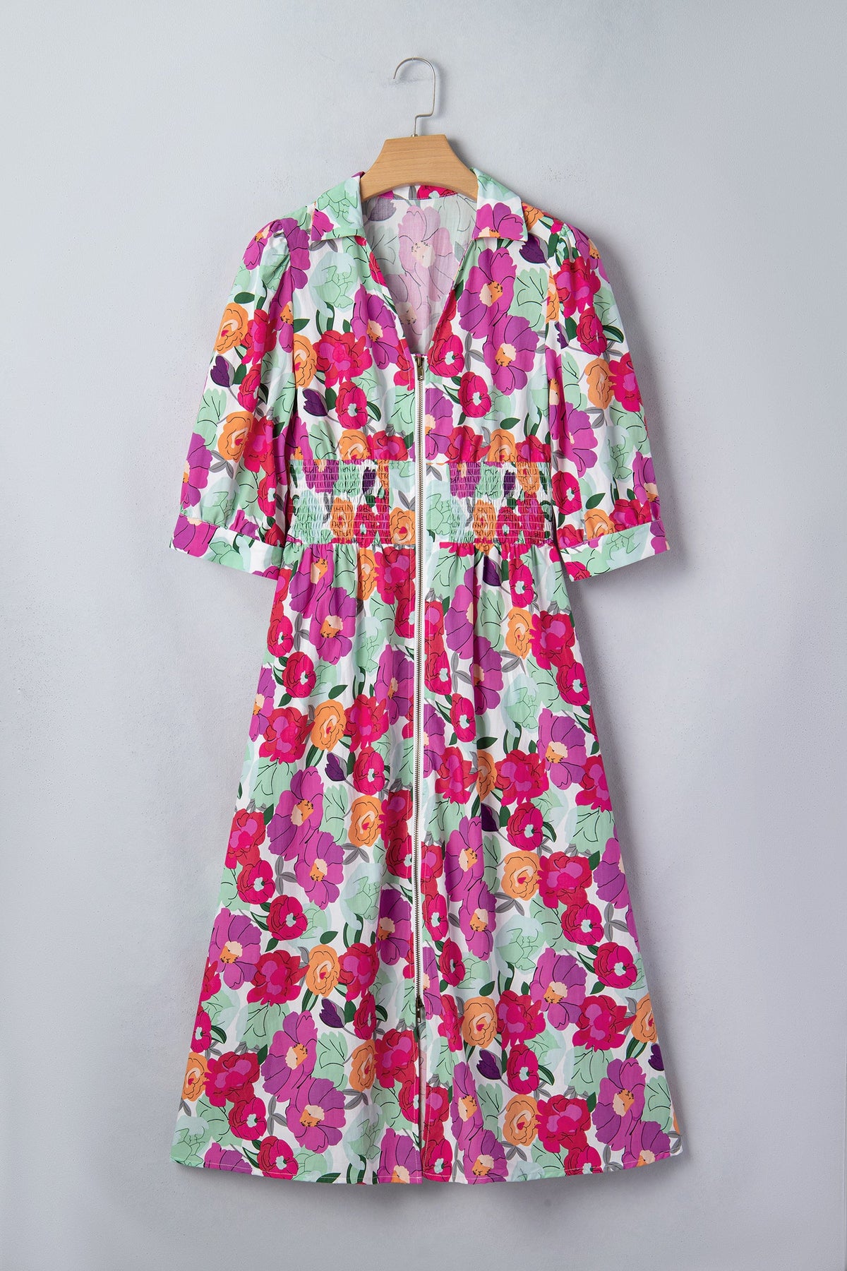Floral Zip-Up V-Neck Short Puff Sleeve Dress