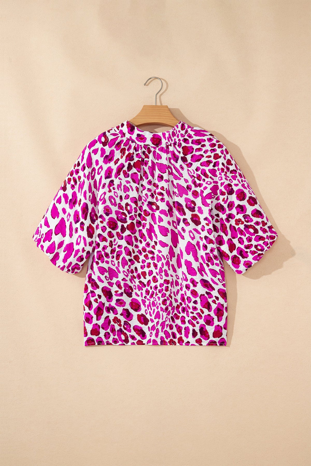 Leopard V-Neck Puffy 3/4 Sleeve Ruffle Blouse