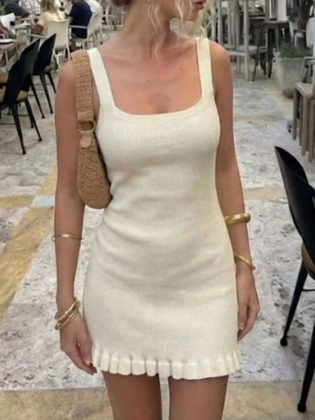 Ribbed Knit Square Neck Sweater Dress