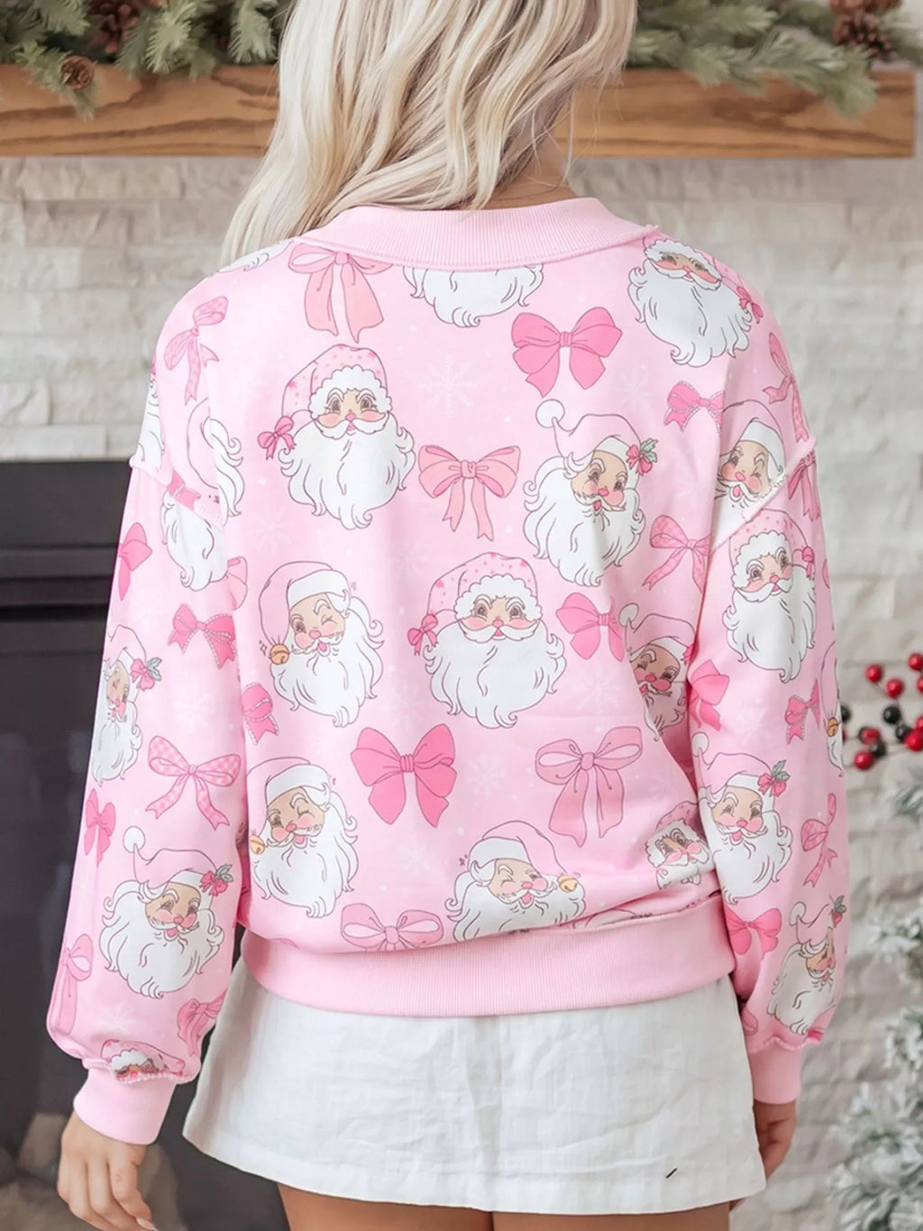 Abstract Santa Print Drop Shoulder High Neck Sweatshirt