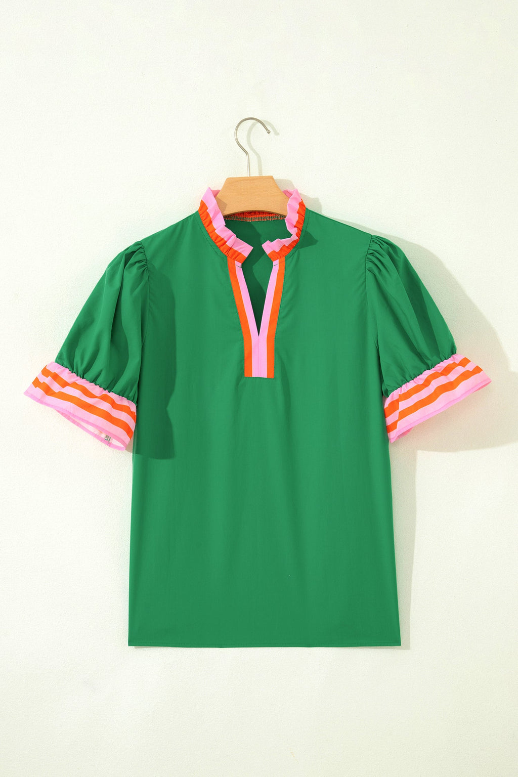 Green Striped Frilled Collar Ruffled Short Sleeve Blouse