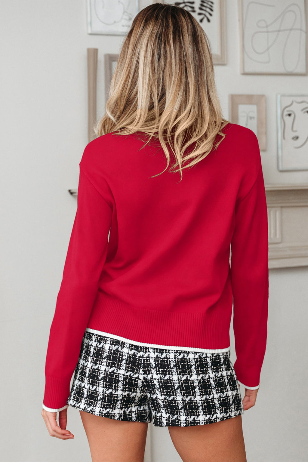 Bow Tie Contrast Trim Cropped Sweater