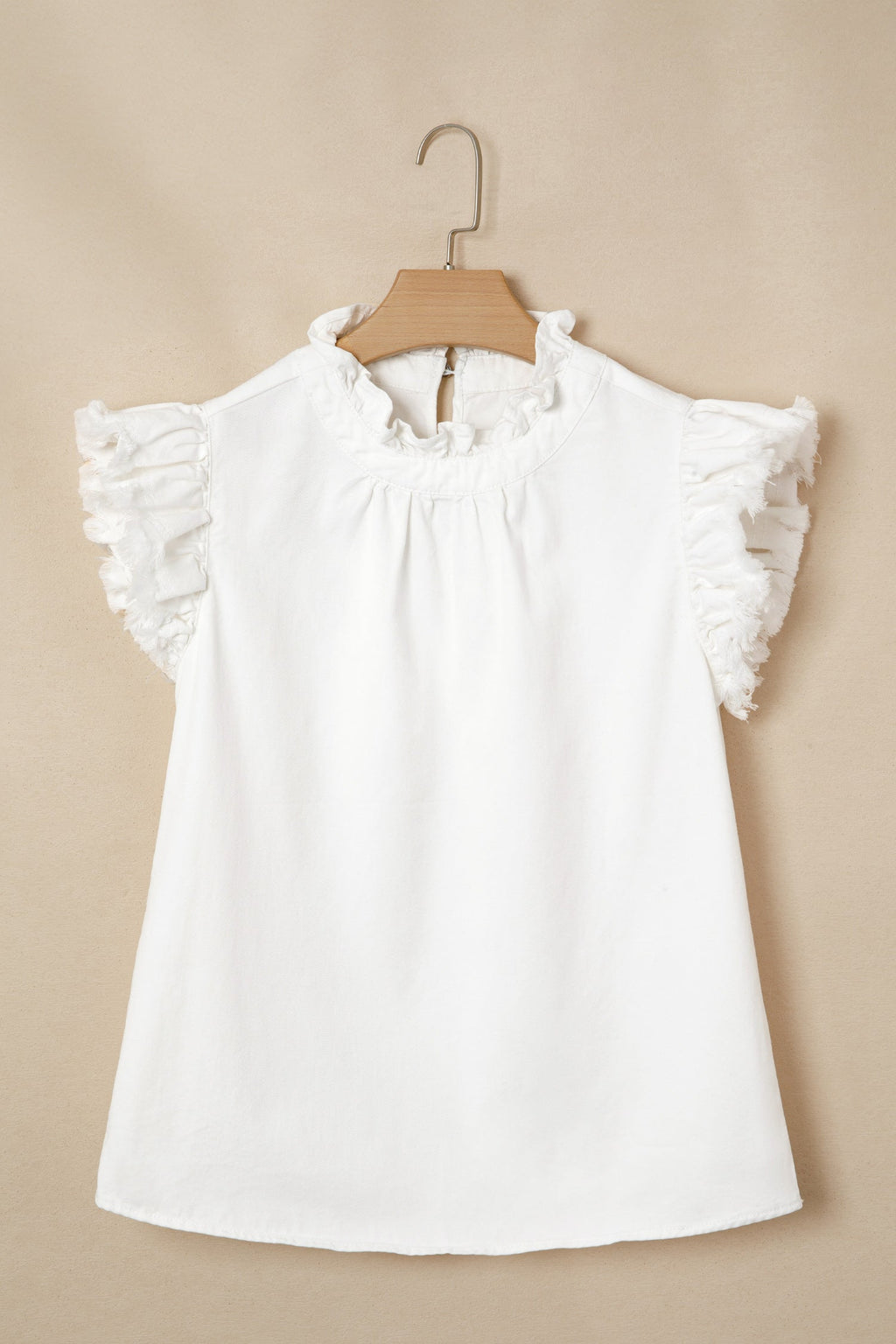 White Frilled Collar Flutter Sleeve Denim Top
