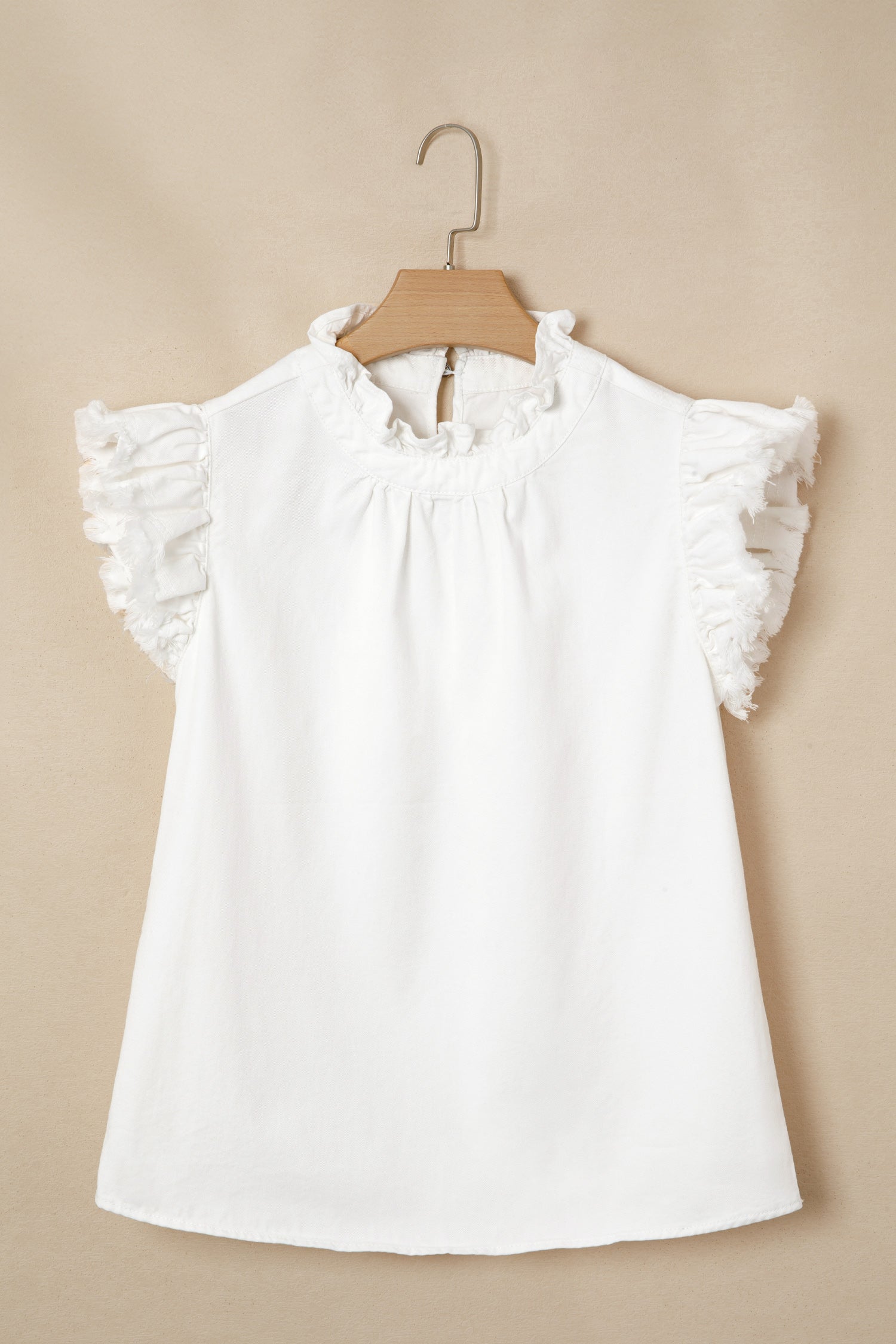 White Frilled Collar Flutter Sleeve Denim Top