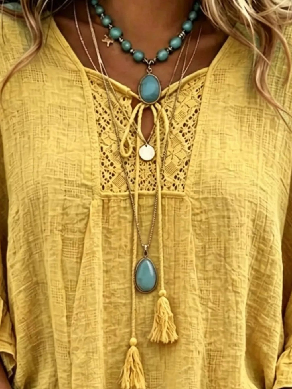 Full Size Tassel Tie Neck Ruffled Hem Blouse Plus Size