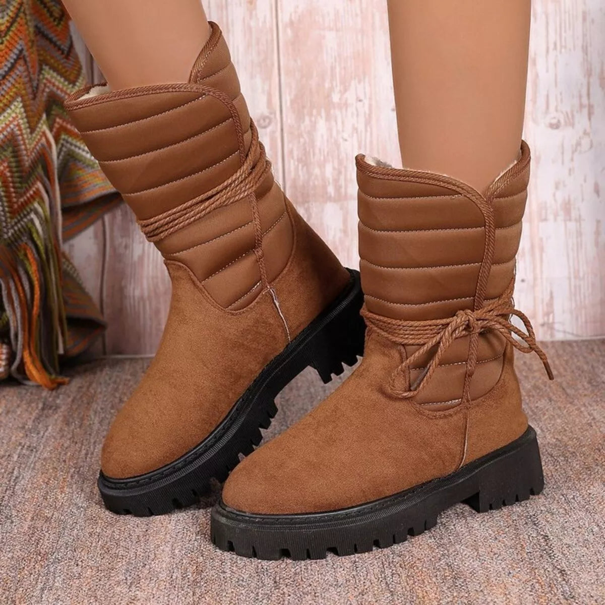 Quilted Lace-Up Mid-Calf Boots