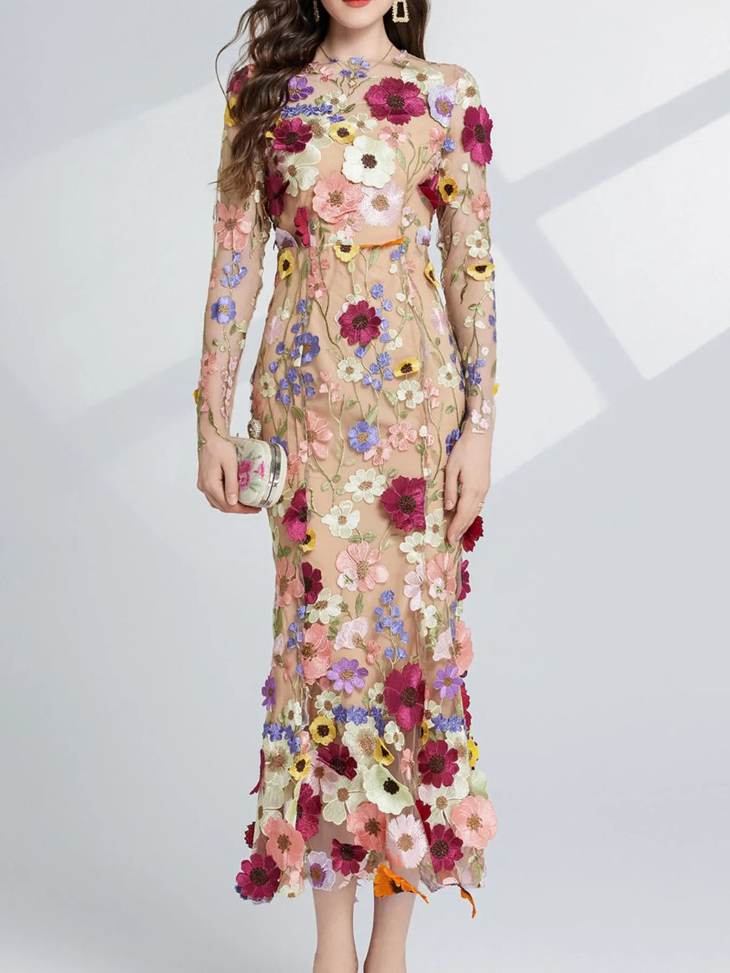 Floral Embroidered Mesh Long Sleeve Midi Dress