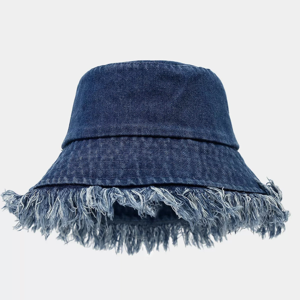 Vintage Washed Denim Bucket Hat with Frayed Raw Edge