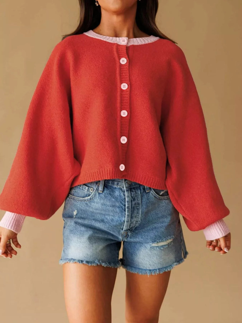 Button-Front Knit Cardigan with Contrast Trim