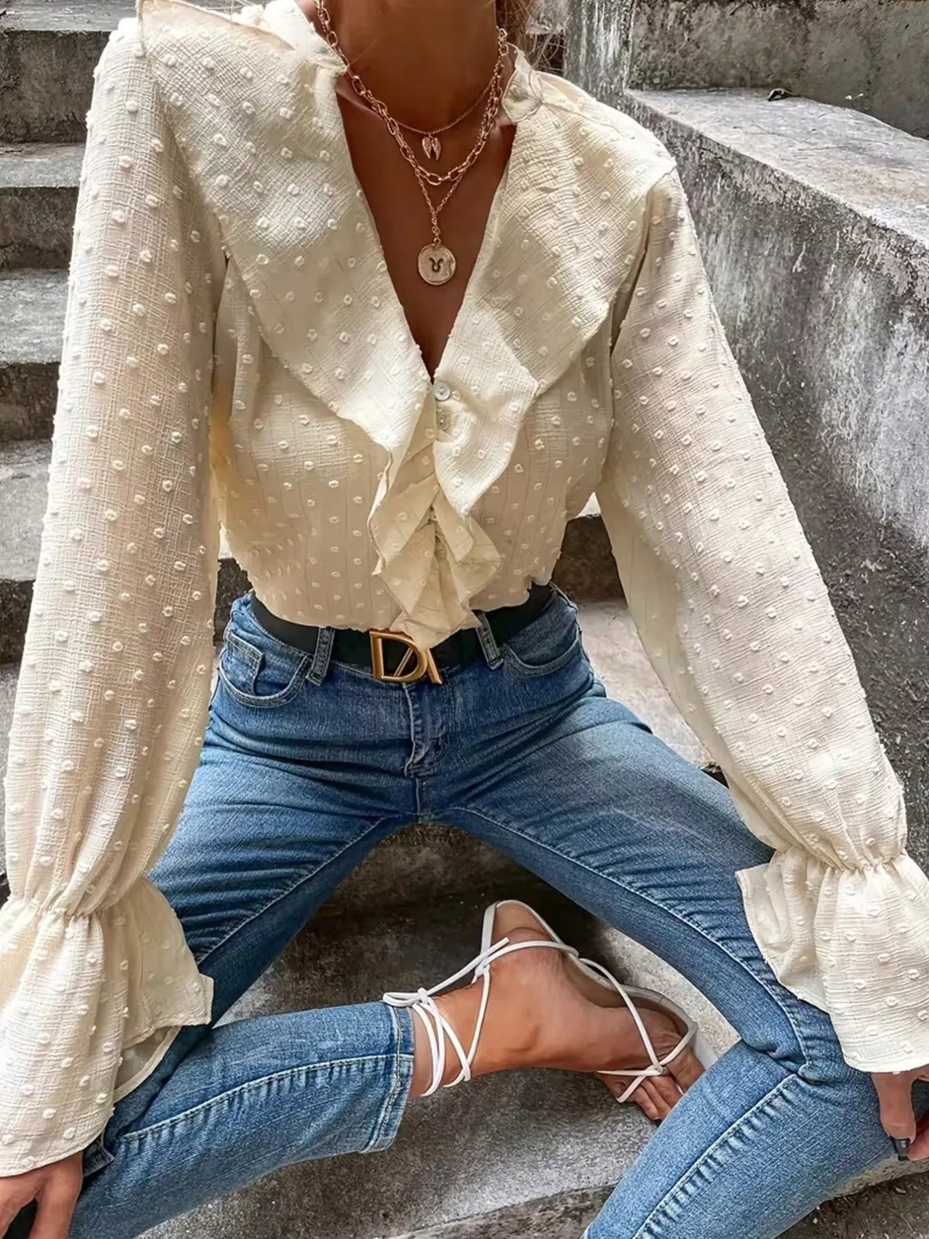 Elegant Ruffled Swiss Dot Blouse
