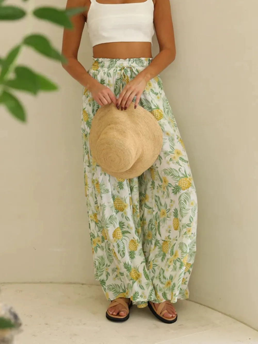 Drawstring Paperbag Waist Printed Wide Leg Pants