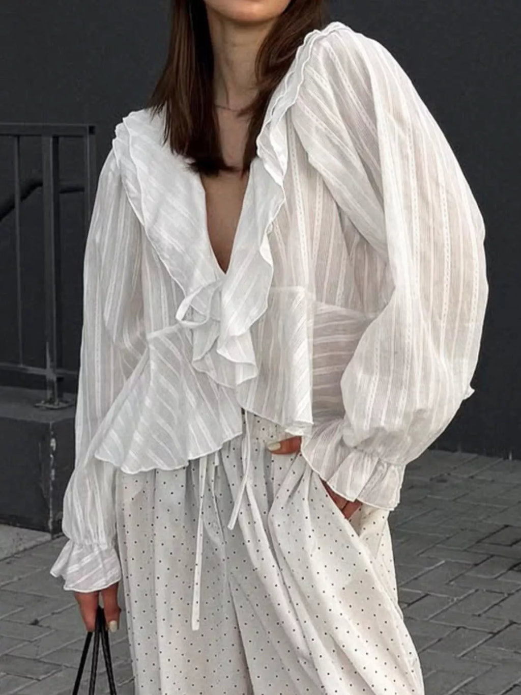 Ruffled Striped Flounce Sleeve Blouse