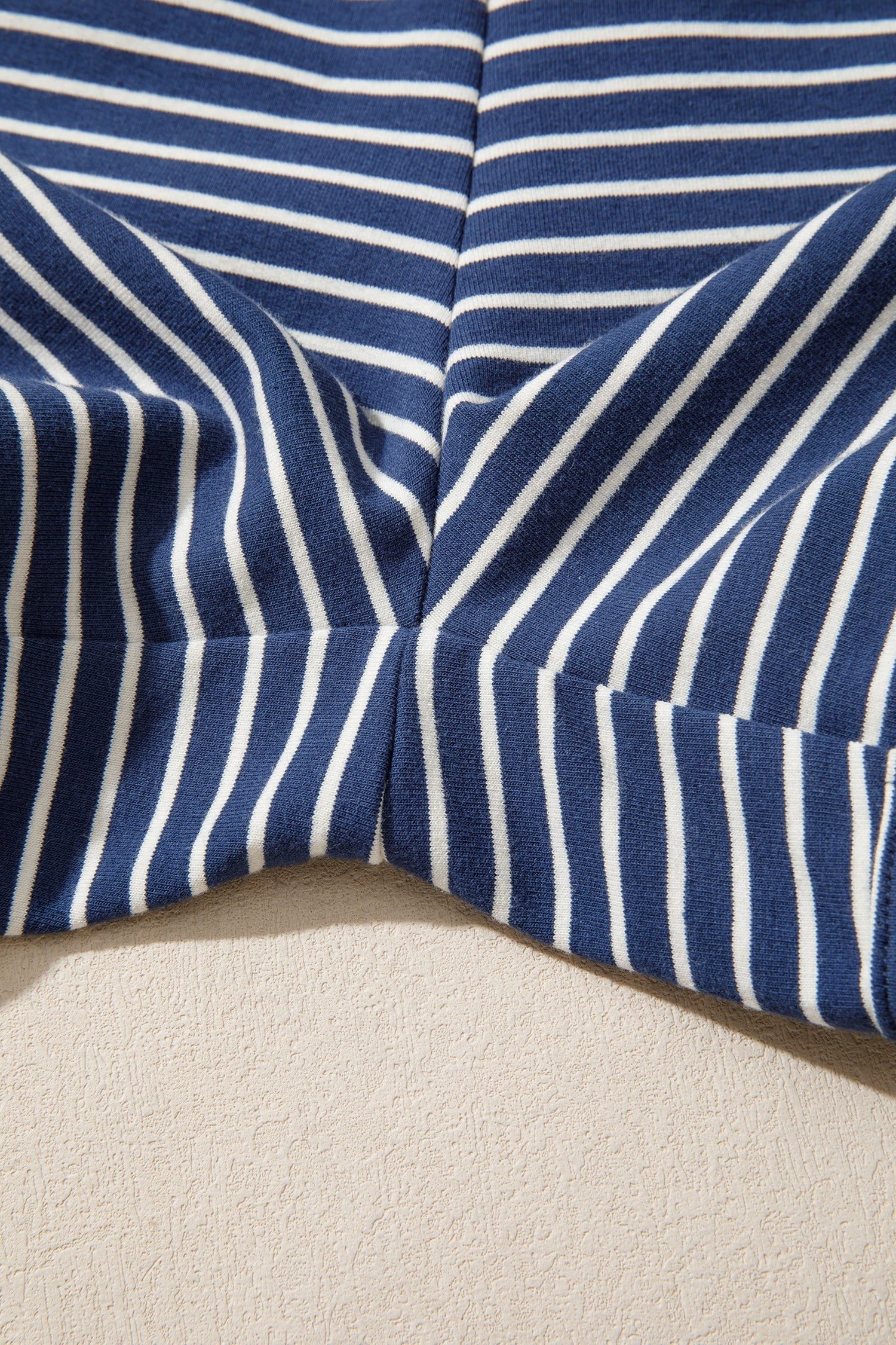 Blue Stripe Ribbed Patchwork Mock Neck Baggy Pullover Matching Shorts Set