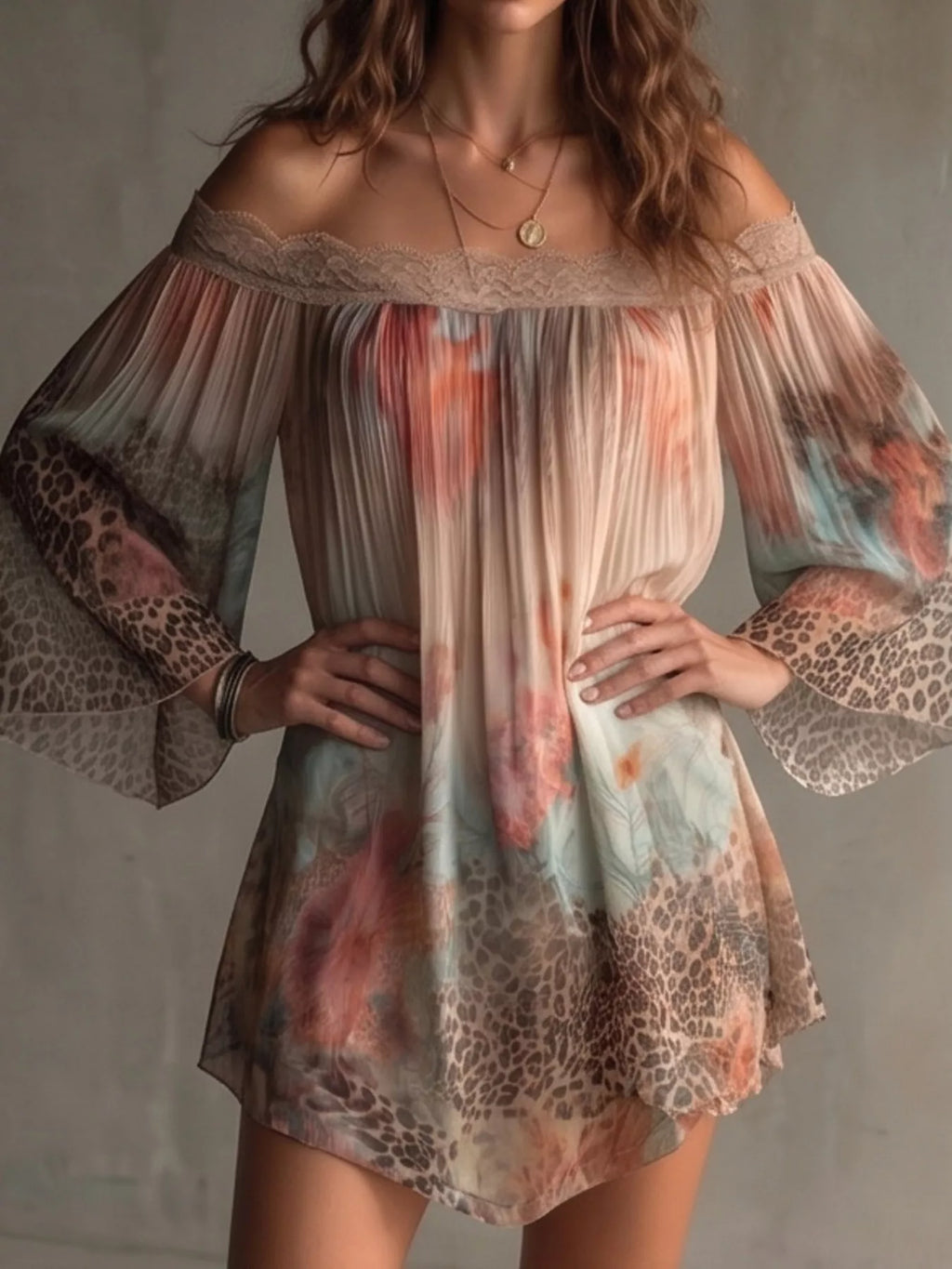 Off-Shoulder Lace-Trimmed Floral and Leopard Print Mini Dress